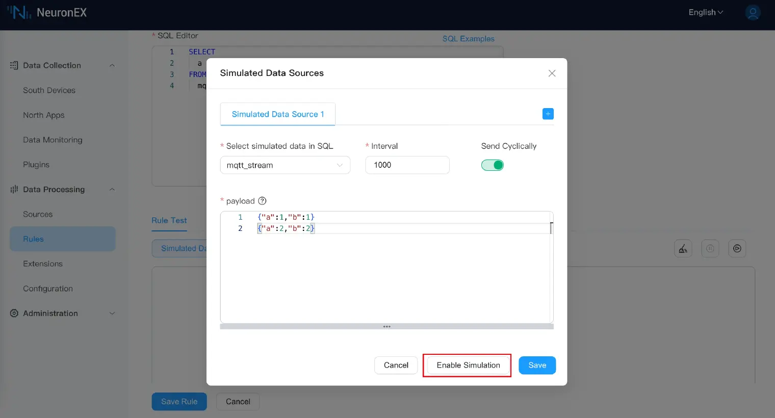 Simulate Data Sources dialog box