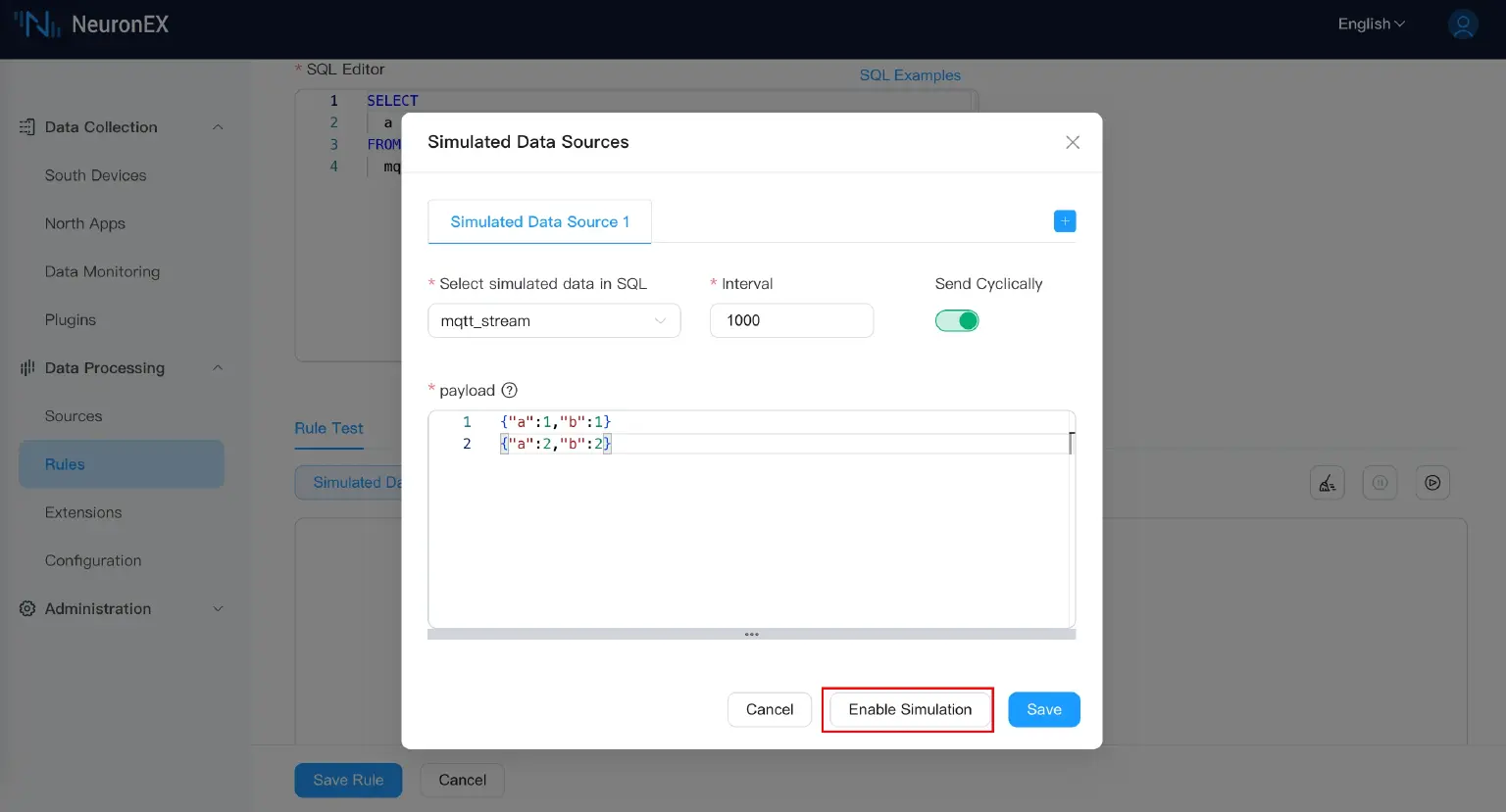 Simulate Data Sources dialog box