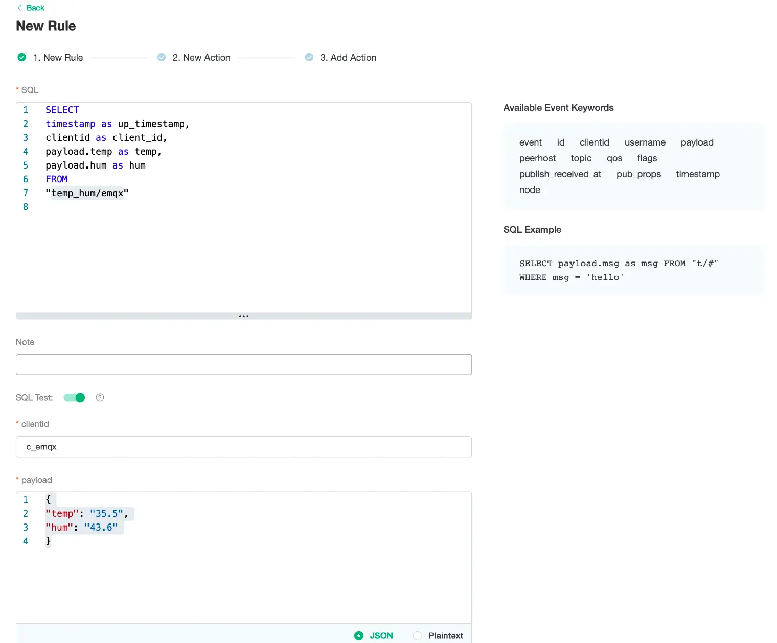 编写 SQL 规则并添加相关动作